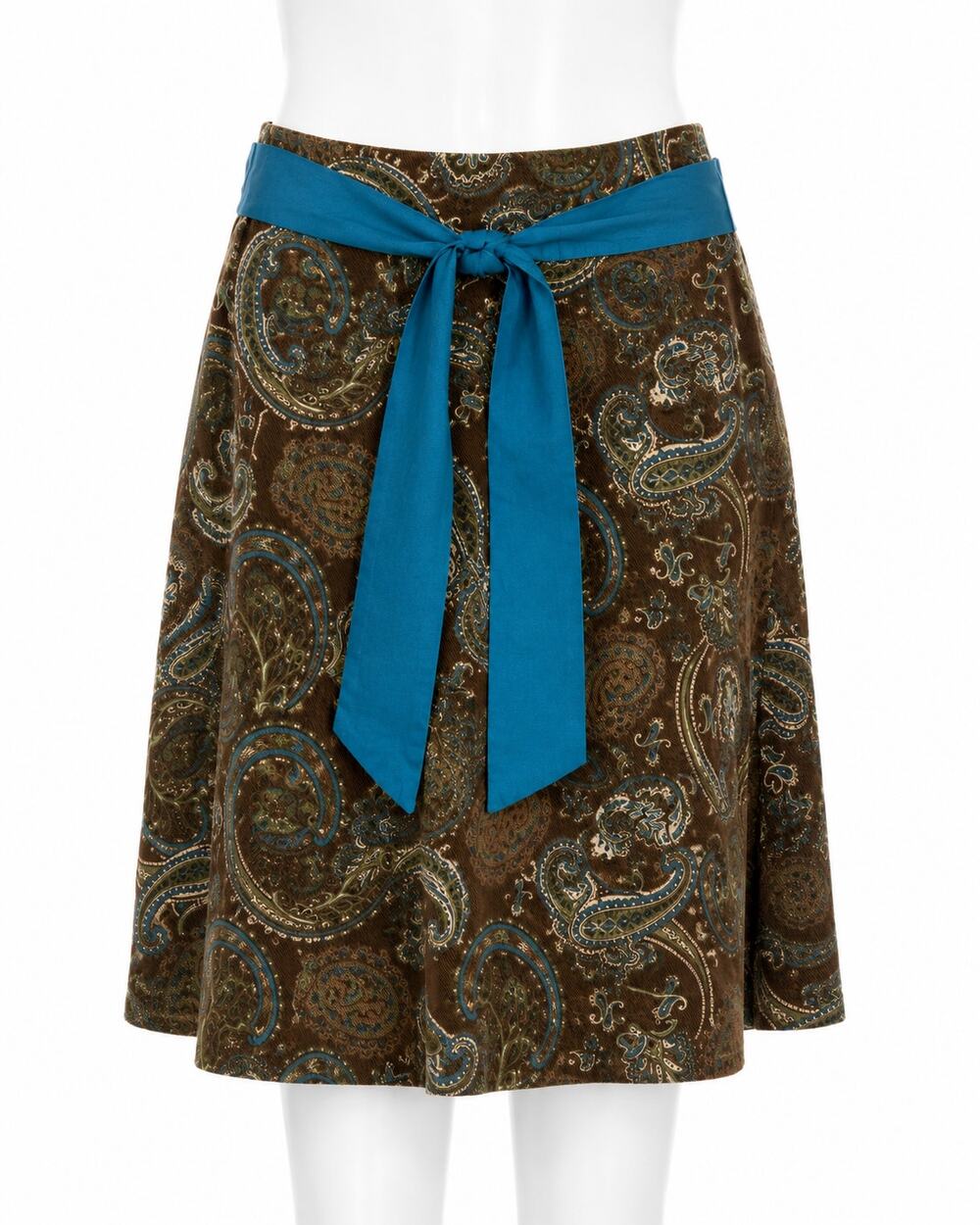 St Johns Bay Paisley Corduroy Skirt Brown Teal Tie Sash Bohemian Womens 16 NWT